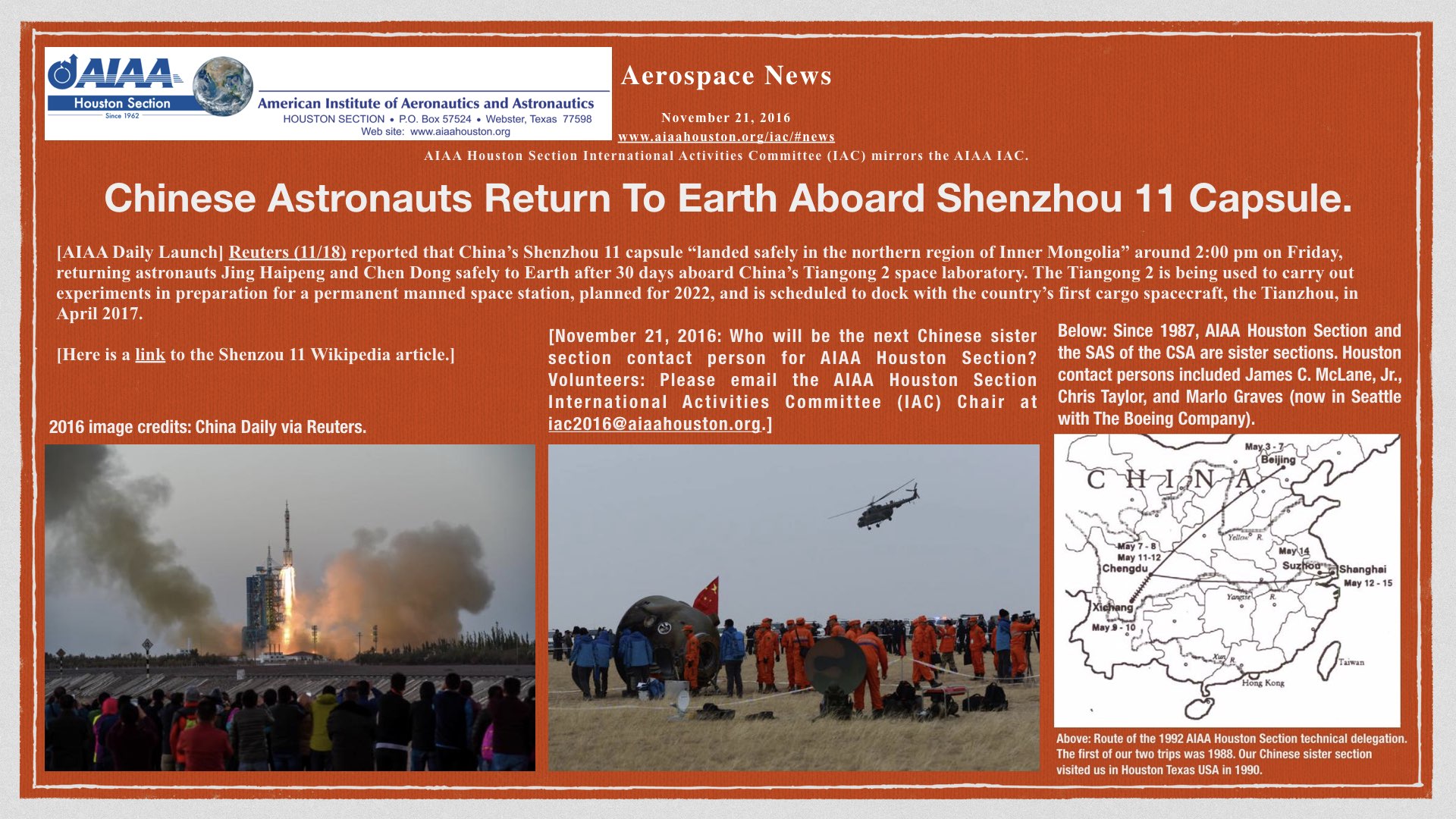 Above: Chinese Astronauts Return To Earth Aboard Shenzhou 11 Capsule.