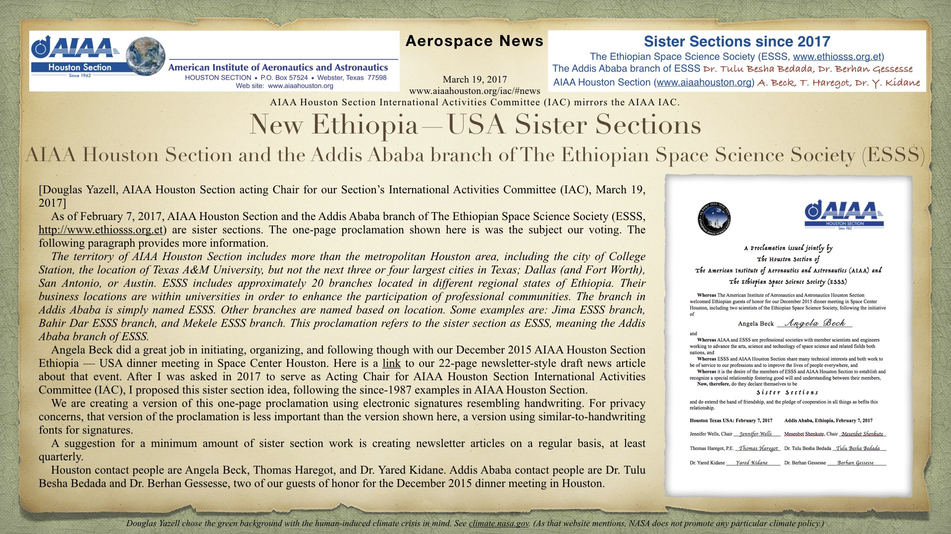 Above: New Ethiopia—USA Sister Sections; AIAA Houston Section and the Addis Ababa branch of The Ethiopian Space Science Society (ESSS). (Click to zoom.) 