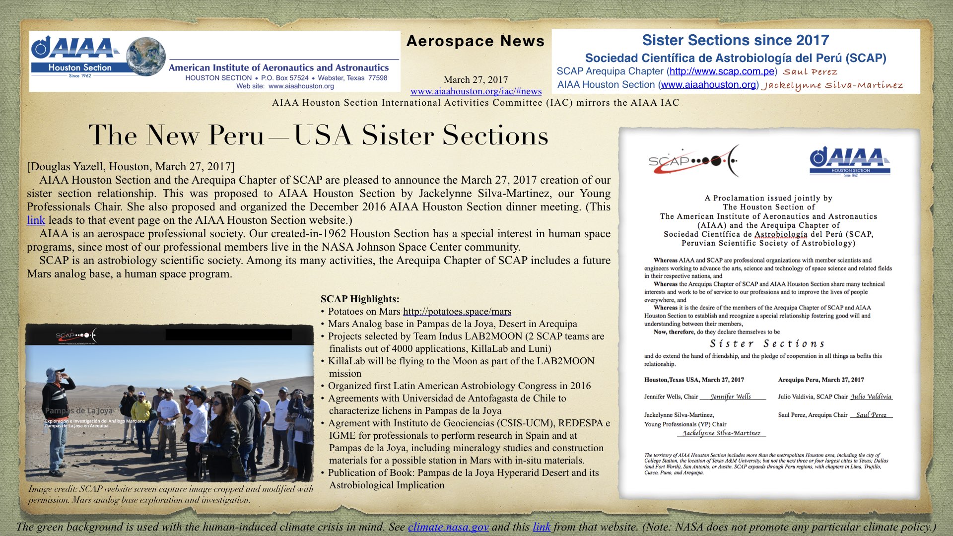 Above: The New Peru—USA Sister Sections. AIAA Houston Section and Sociedad Científica de Astrobiología del Perú (SCAP). (Click to zoom.) 