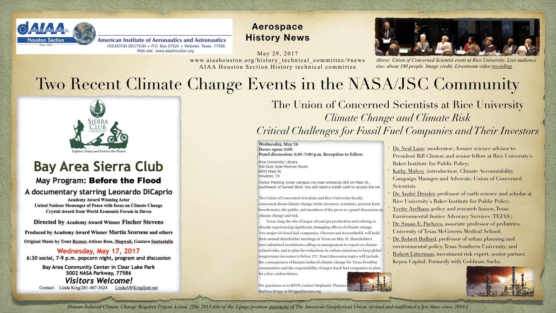Above: Two Recent Climate Change Events in the NASA/JSC Community. (Click to zoom.) 