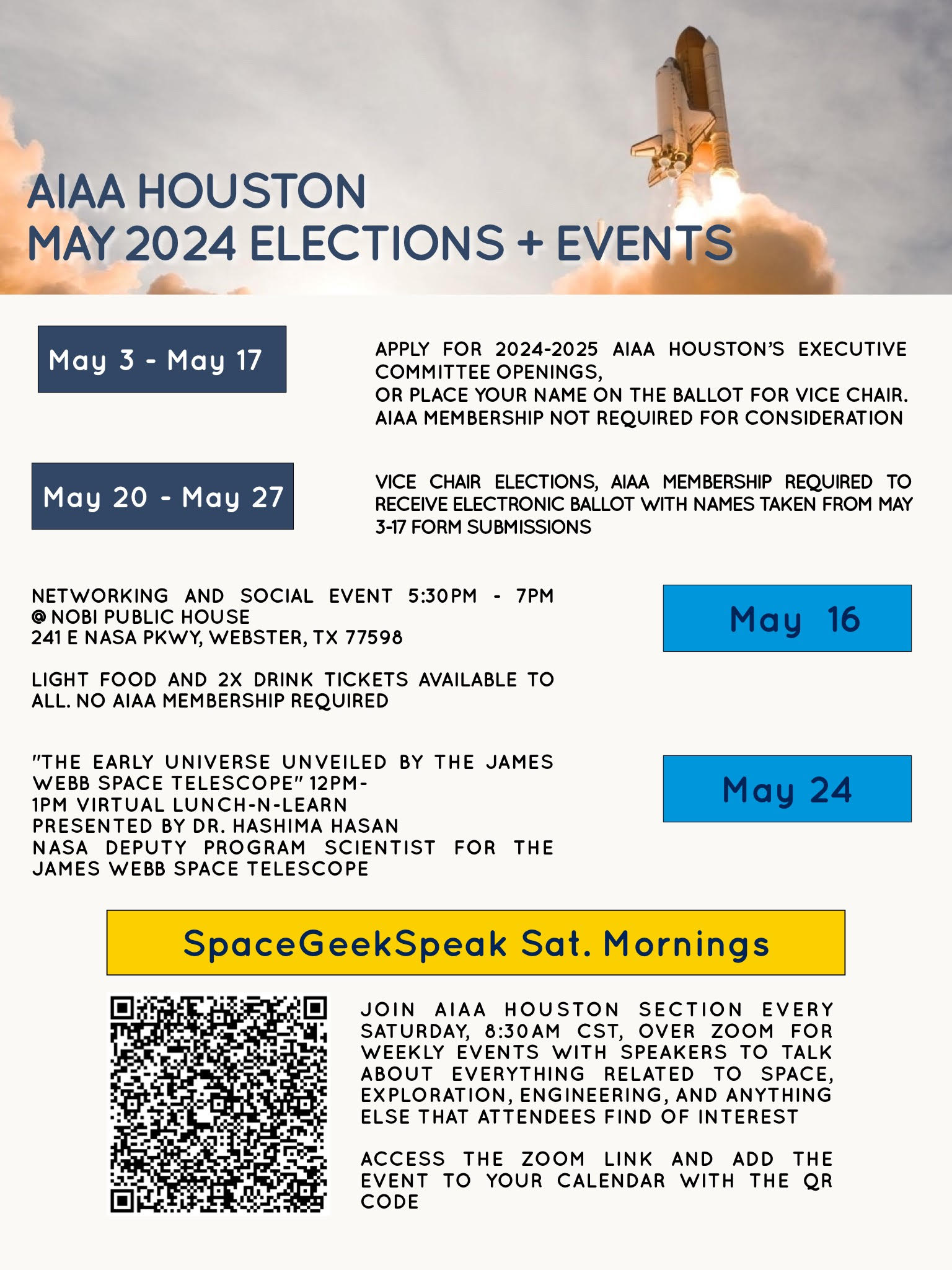 aiaa flyer for upcoming events and 2024 elections